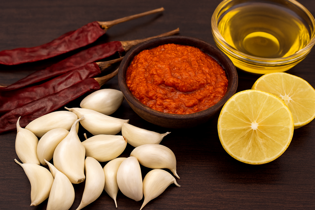 “Red chili and garlic chutney mixed to a thick paste consistency.”
