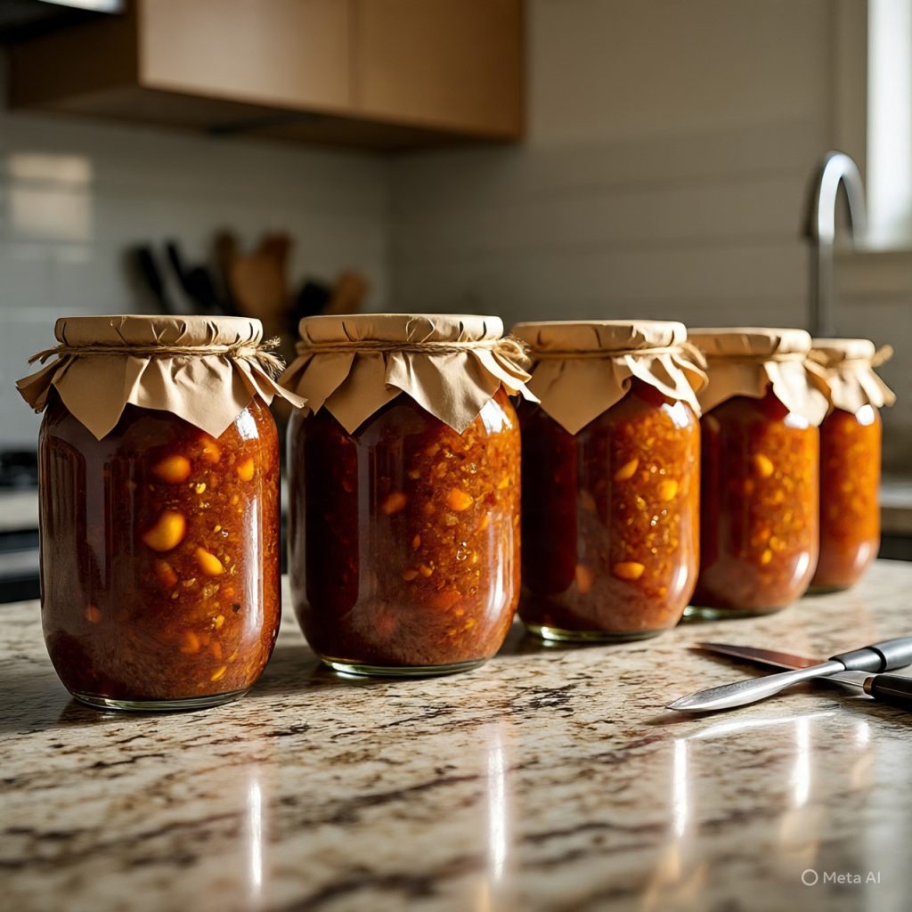 “Spicy garlic chutney styled with dried chilies in the background.”